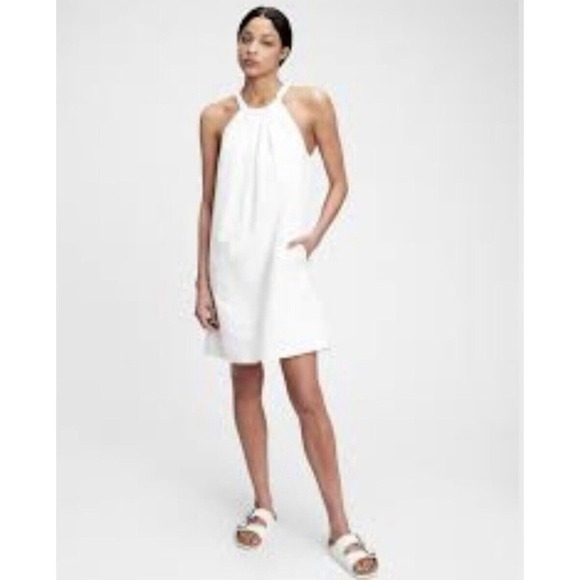 GAP Tie Back Halter Dress White Sz 6 NWT Pockets Sheath Mini Casual 100%… - Picture 1 of 12
